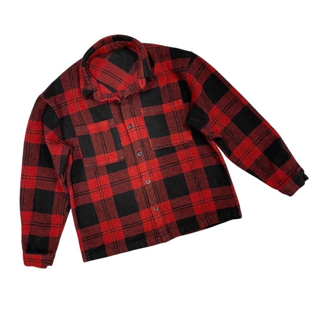 Thick Plaid Shirt Jacket Red Black Buffalo Plaid Small Oversized Boxy Fall